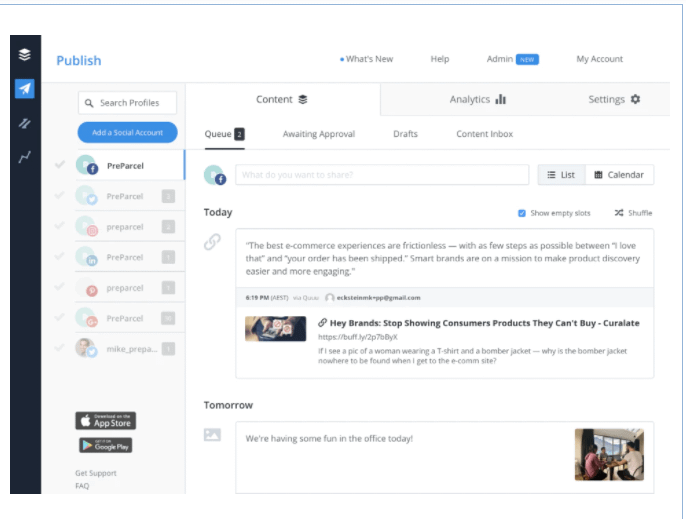 Buffer's dashboard includes its content management system with the queue, awaiting approval, drafts, and content inbox features.