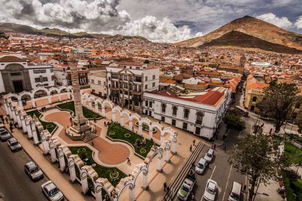 Ultra panoramic view of Potosí main square, main churches and Cerro Rico in the Background, Bolivia.